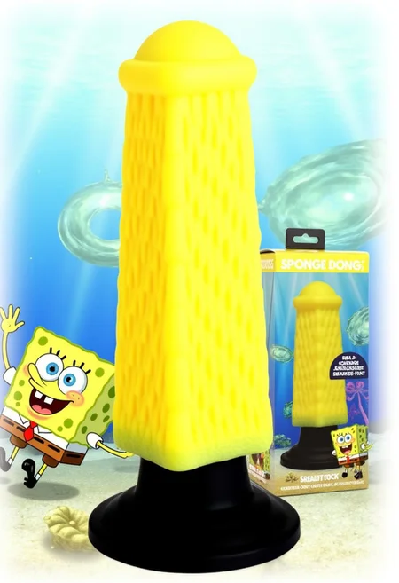The image is a high-quality product advertisement for a realistic-looking, phallic-shaped sex toy called "Sponge Dong." The toy has a phallic rectangle shape with porous yellow surface, giving it a sponge-like appearance. It stands on a black, circular base that appears to be made of a rubbery material. In the background, SpongeBob SquarePants is playing around at the bottom of the ocean.