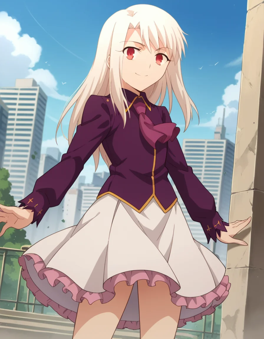 score_9, score_8_up, score_7_up, source_anime,
illyasvielvoneinzbern, <lora:illyasviel-von-einzbern-ponyxl-lora-nochekaiser:1>,
illyasviel von einzbern, long hair, red eyes, white hair, smile,
skirt, shirt, long sleeves, boots, ascot, white skirt, frilled skirt, purple shirt,
outdoors, cityscape,
looking at viewer, cowboy shot, dutch angle, dynamic pose,
