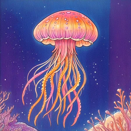 <lora:Pastel_ReverieSDXL:1> ArsMJStyle, Pastel Reverie, The image shows a painting of a jellyfish swimming in the ocean surrounded by a vibrant array of colors. The jellyfish is depicted in a realistic style with its tentacles and body clearly visible. The colors used in the painting are bright and vivid creating a beautiful and captivating scene., no humans, traditional media, tentacles, jellyfish, blue background, painting (medium), border, solo