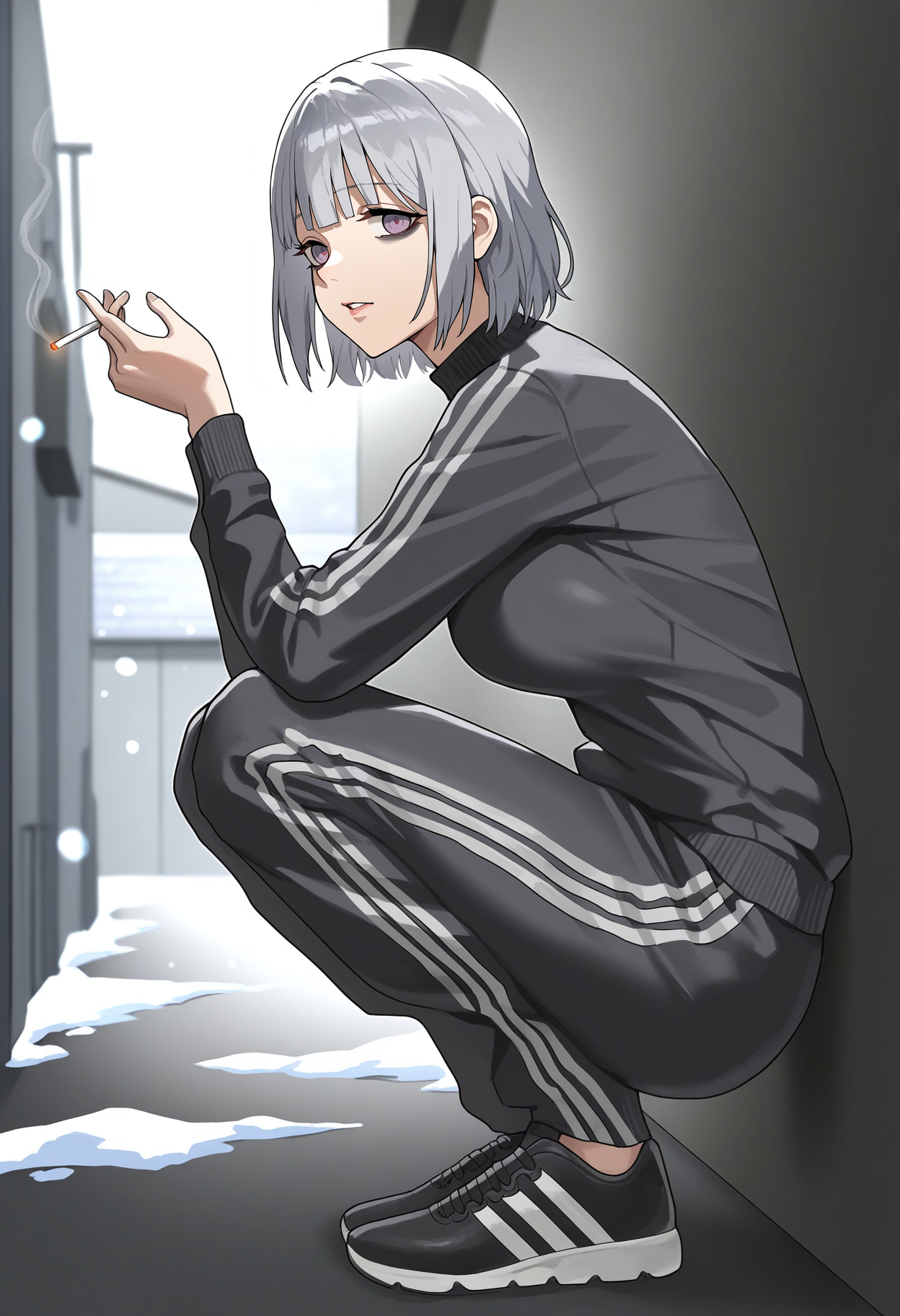 very awa, masterpiece, best quality, year 2024, newest, absurdres, highres, 1girl, rpk-16 \(girls' frontline\), solo, from side, holding cigarette, squatting, against wall, alternate costume, black track suit, adidas, vertical-striped clothes, black footwear, medium breasts, purple eyes, lips, bags under eyes, black eyeliner, bored, looking at viewer, cold, snow, snowing, outdoors, alley, day, <lora:Illustrious_Anteiru_Style_V2:1>