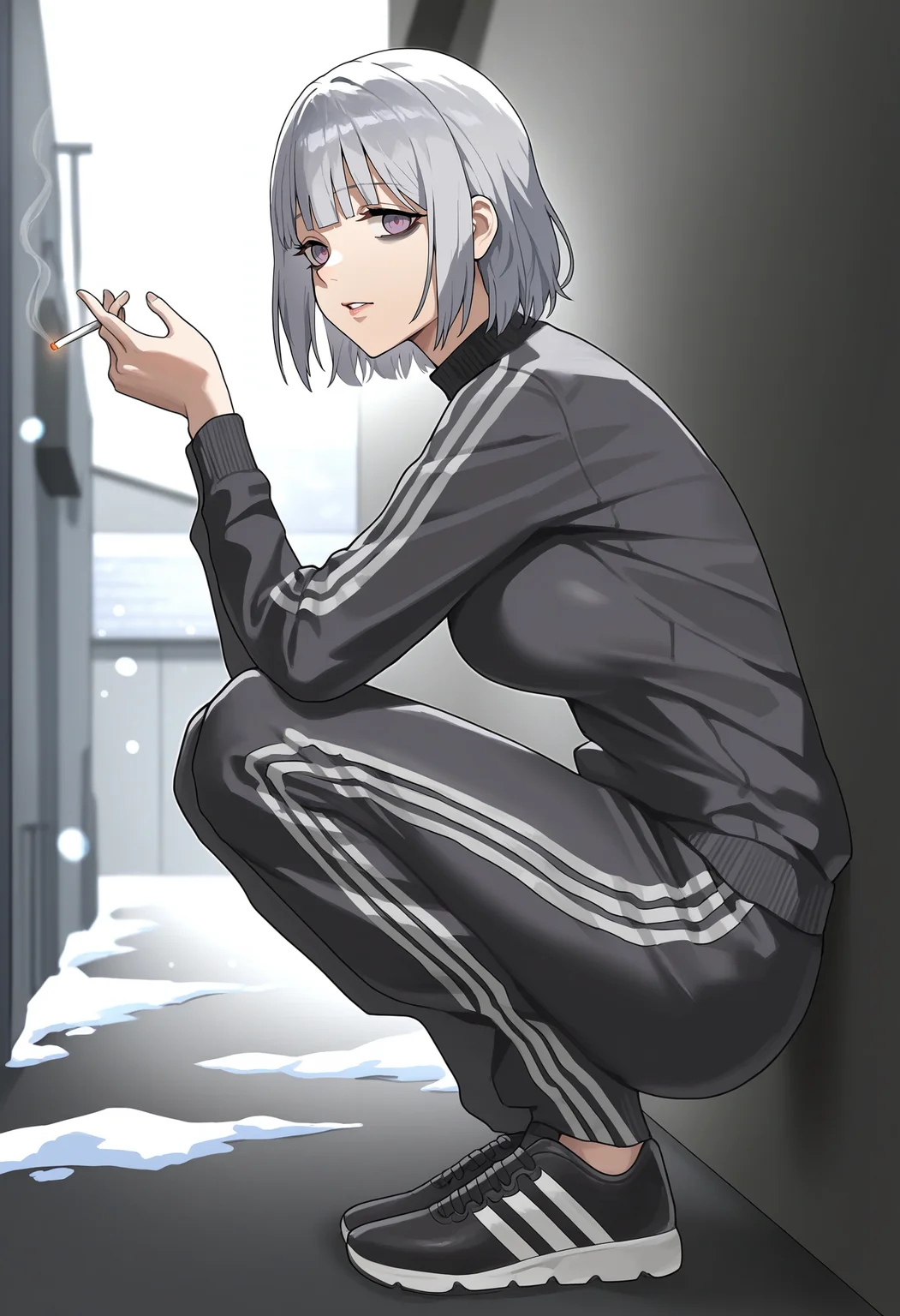 very awa, masterpiece, best quality, year 2024, newest, absurdres, highres, 1girl, rpk-16 \(girls' frontline\), solo, from side, holding cigarette, squatting, against wall, alternate costume, black track suit, adidas, vertical-striped clothes, black footwear, medium breasts, purple eyes, lips, bags under eyes, black eyeliner, bored, looking at viewer, cold, snow, snowing, outdoors, alley, day, <lora:Illustrious_Anteiru_Style_V2:1>