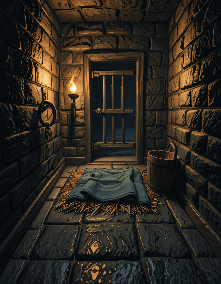 A hyper-realistic photo of a dark medieval dungeon cell inspired by Skyrim, with cold, damp stone walls covered in patches of moss and cracks. The floor is made of uneven cobblestones, partially wet with small puddles reflecting dim torchlight. An old, rusted iron-barred door is slightly ajar, casting long shadows on the ground. In the corner, a pile of straw serves as a makeshift bed, with a thin, tattered blanket thrown over it. Chains and shackles hang from the walls, showing signs of centuries of use. A small wooden bucket sits beside the bed, used as a primitive toilet. The atmosphere is heavy and oppressive, filled with a faint mist in the air. The only source of light comes from a single flickering torch mounted on the wall outside the cell, creating dramatic, warm orange glows contrasting with deep, cold shadows. The photo is taken from a slightly low angle, as if from the perspective of someone crouched on the floor inside the cell, adding a sense of claustrophobia and confinement. Ultra-realistic textures, high detail, cinematic lighting, 4K quality.
<lora:SDXLFaeTastic2400:0.4> <lora:extremely_detailed:0.4> extremely detailed,,dungeon c3ll <lora:dungeon_c3ll-i:1>, Masterpiece,best quality,hi res,8k,hi res,8k,award winning,(sharp focus, intricate, highly detailed),