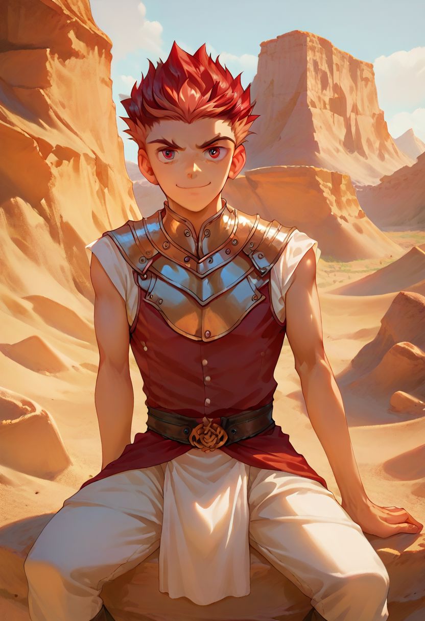 score_9, score_8_up, score_8_up, 1boy, handsome twink, masterpiece, gold and crimson hair, crimson eyes, medieval clothing, medieval pants, medieval shirt, detailed cloth clothing, detailed background, flat desert background, sandy desert, sitting on a rock, taiga, neutral expression, light smile, light tan