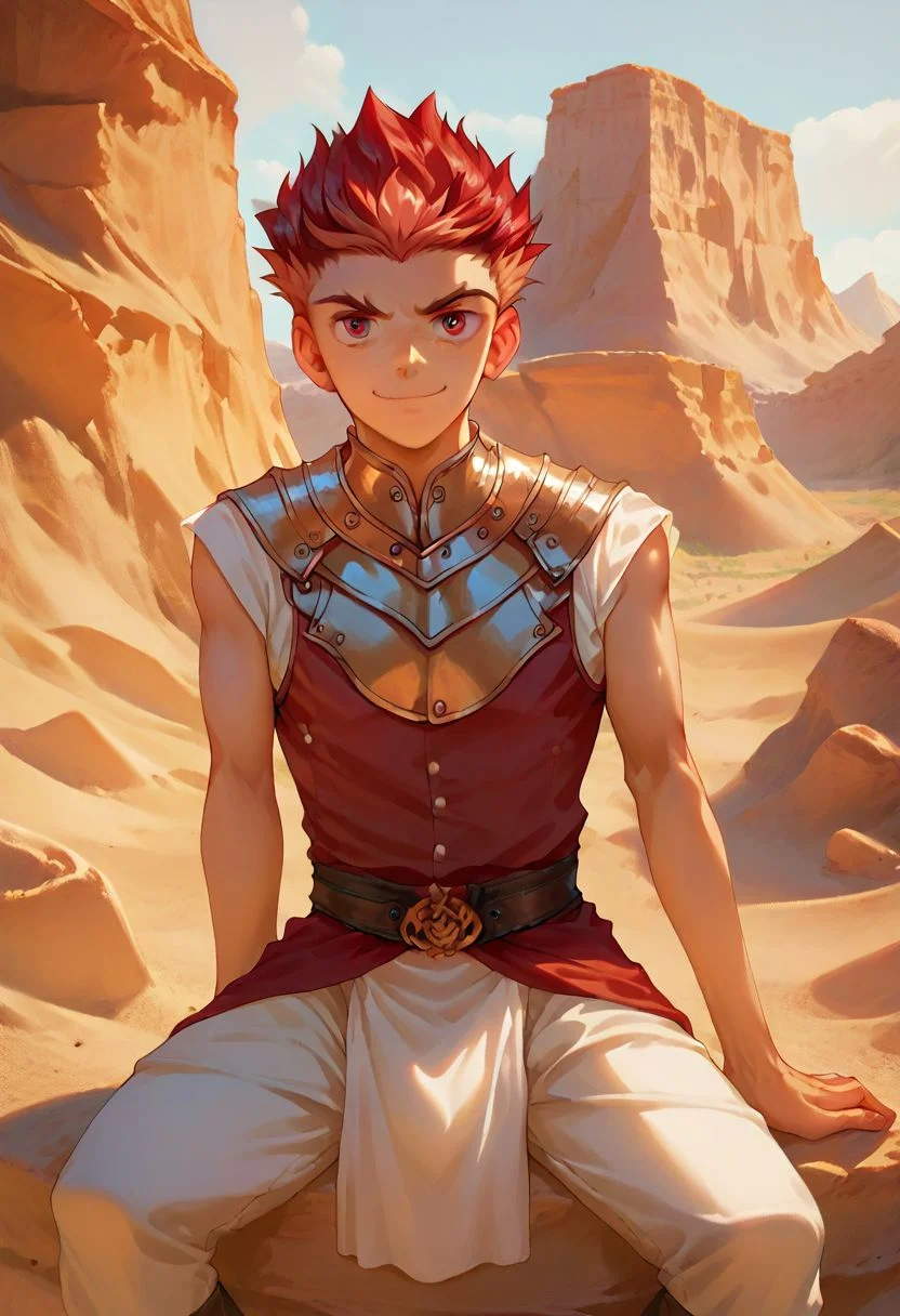 score_9, score_8_up, score_8_up, 1boy, handsome twink, masterpiece, gold and crimson hair, crimson eyes, medieval clothing, medieval pants, medieval shirt, detailed cloth clothing, detailed background, flat desert background, sandy desert, sitting on a rock, taiga, neutral expression, light smile, light tan