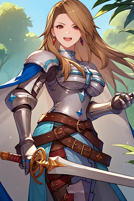 score_9, score_8_up, score_7_up, score_6_up, source_anime BREAK 1girl, solo <lora:katalina-pdxl-nvwls-v1-000007:1> defKat, brown hair, long hair, earrings, armor, blue cape, belt, gauntlets, armored boots, boots, large breasts, serious, holding sword, open mouth, smile, forest, whole body, looking at you