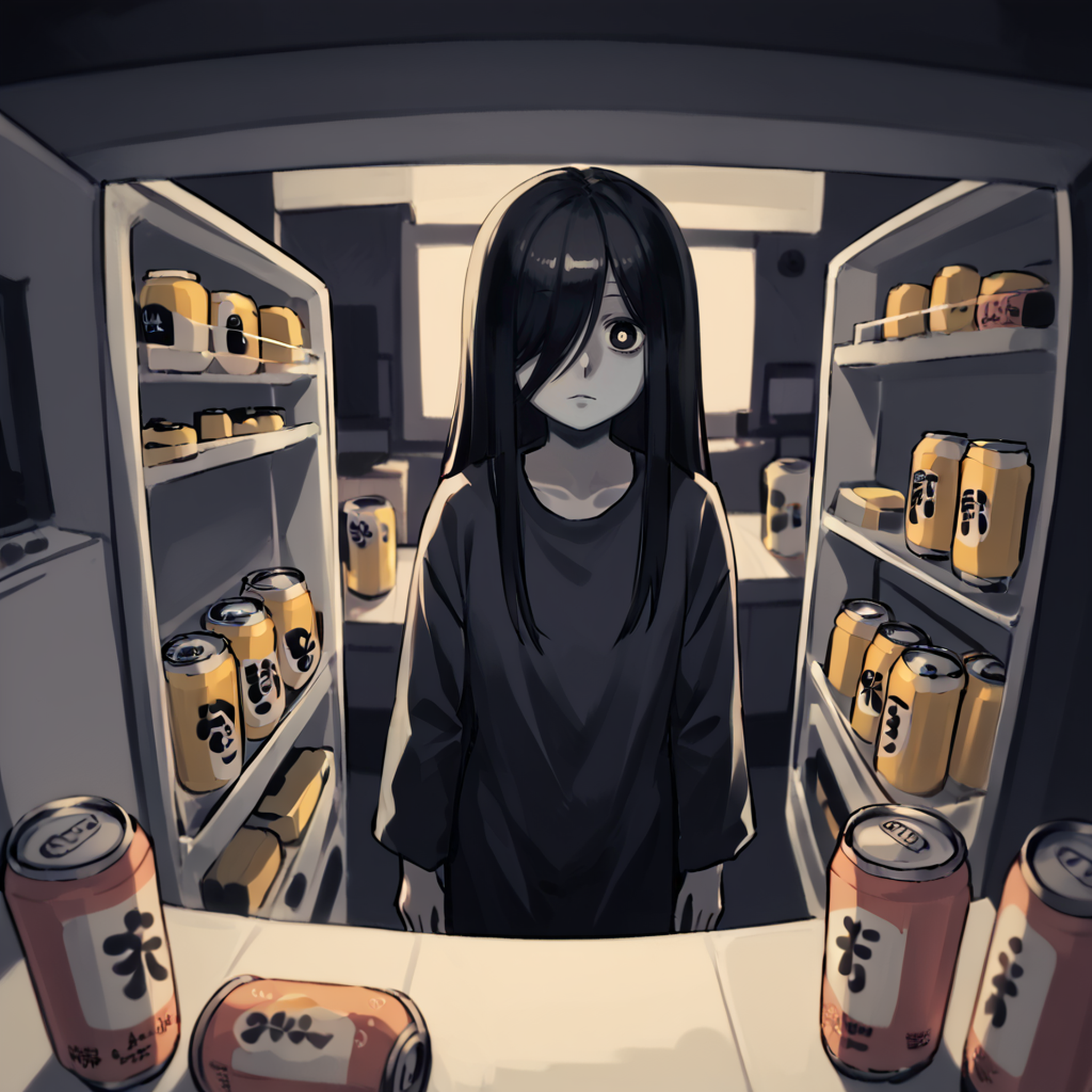 [realistic::0.1], perspective, (flat color, limited palette:1.7),
(View from inside the refrigerator:1.2),
1girl, solo,(yamamura sadako:1.3),(jitome:1.1),expressionless, black hair,long hair,straight hair,hair over one eye,sidelocks, long bangs,black eyes, skinny, (large breasts:-1),white spooky dress, simple dress, long sleeves, (gray skin:1.2), room, (golden beer can:1.3) and milk in refrigerator,(dark room background,night:1.2),
<lora:View_from_inside_the_refrigerator-Pony:0.7>,<lora:Fixhands_anime_bdsqlsz_V1:1>,<lora:No_outline-Pony:1> 
score_9, score_8_up, score_7_up,score_6_up,source_anime, best quality, hires,