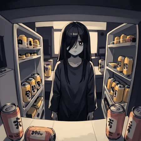 [realistic::0.1], perspective, (flat color, limited palette:1.7),
(View from inside the refrigerator:1.2),
1girl, solo,(yamamura sadako:1.3),(jitome:1.1),expressionless, black hair,long hair,straight hair,hair over one eye,sidelocks, long bangs,black eyes, skinny, (large breasts:-1),white spooky dress, simple dress, long sleeves, (gray skin:1.2), room, (golden beer can:1.3) and milk in refrigerator,(dark room background,night:1.2),
<lora:View_from_inside_the_refrigerator-Pony:0.7>,<lora:Fixhands_anime_bdsqlsz_V1:1>,<lora:No_outline-Pony:1> 
score_9, score_8_up, score_7_up,score_6_up,source_anime, best quality, hires,