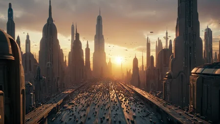 cinematic film still of <lora:star wars style:0.2>
<lora:detailed:0.4> detailed
<lora:perfection style:0.4> perfect
<lora:PerfectEyesXL:0.5>
<lora:Coruscant:0.9>
Coruscant a city with a lot of tall buildings and a lot of birds flying around,in star wars style,outdoors,sky,cloud,building,scenery,sunset,city,road,cityscape,bridge,skyscraper,tower,city lights, shallow depth of field, vignette, highly detailed, high budget, bokeh, cinemascope, moody, epic, gorgeous, film grain, grainy