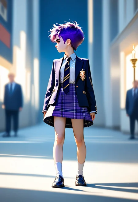 score_9, score_8_up, score_7_up, M4dimi, short hair, purple hair, small breasts, school uniform, jacket, plaid skirt, white shirt, necktie, socks, black shoes, standing in a luxurious Elizabethan bedroom, high contrast, film grain, Rim Lighting