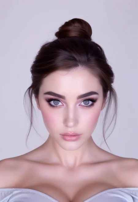 A beautiful young woman with fair, porcelain-like skin and brown hair styled in a soft, elegant low bun with a few loose strands framing her face. She has striking, large grey eyes with long eyelashes, subtle eyeshadow, defined brows, and softly blushed cheeks. Her lips are full with a natural pink gloss. She is wearing a light pastel off-shoulder top, revealing her shoulders and upper chest down to the cleavage. The image is composed from head to cleavage, with flattering, soft lighting. Set against a clean white background. Hyper-realistic, high detail, studio portrait, front-facing, centered composition.