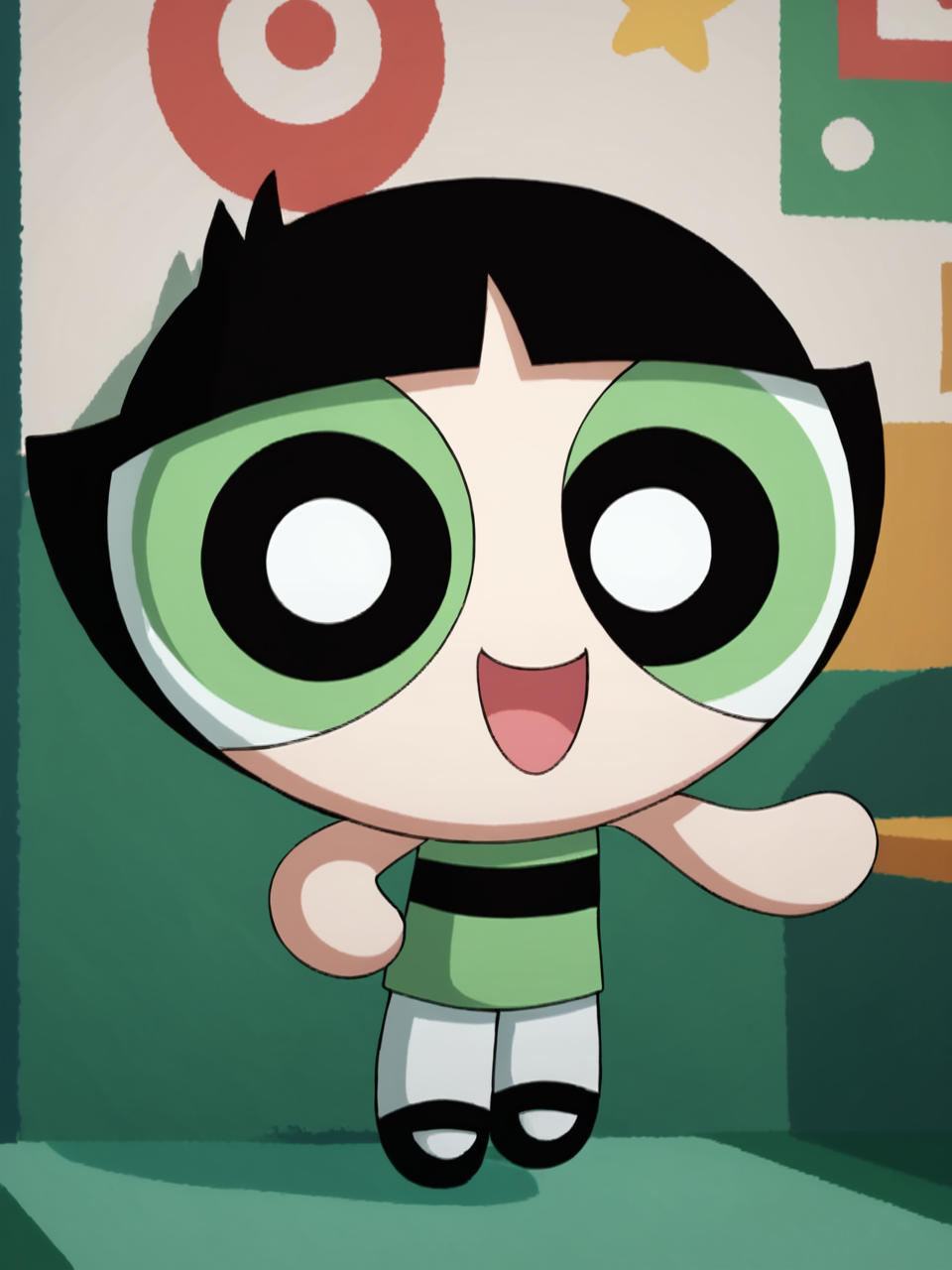 score_9, score_8_up, score_7_up,  score_6_up, BREAK, PowButt3rcup, 1girl, solo, smile, black hair, chibi, green shirt, striped shirt, black footwear, white pantyhose, upper body, raise left hand, waving, looking at viewer  <lora:Buttercup:1>