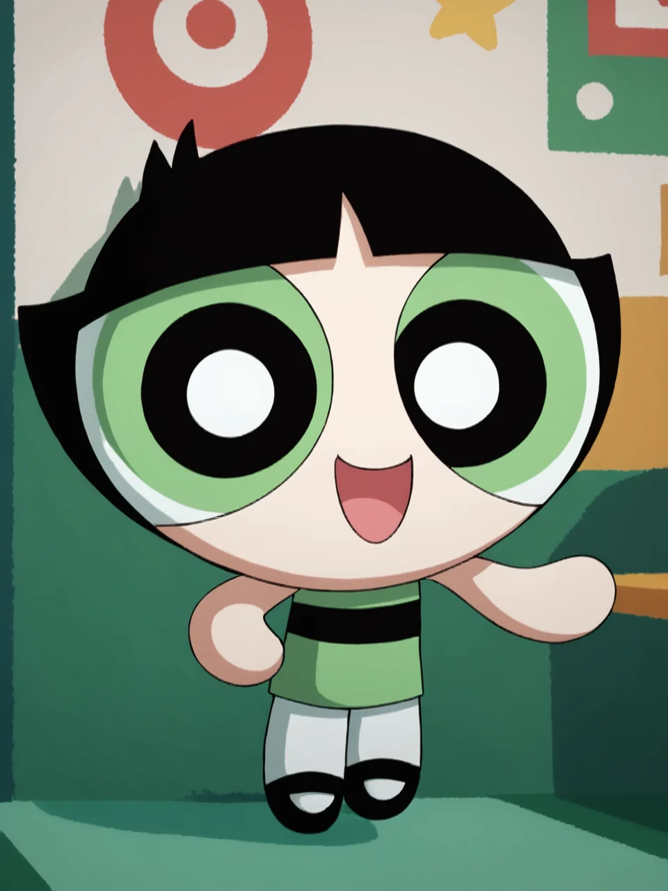 score_9, score_8_up, score_7_up,  score_6_up, BREAK, PowButt3rcup, 1girl, solo, smile, black hair, chibi, green shirt, striped shirt, black footwear, white pantyhose, upper body, raise left hand, waving, looking at viewer  <lora:Buttercup:1>