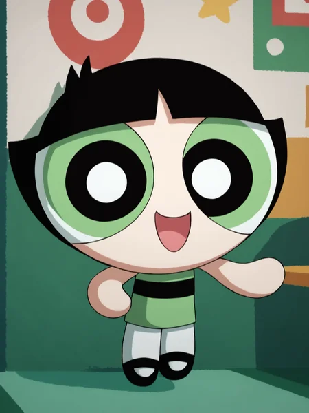 score_9, score_8_up, score_7_up,  score_6_up, BREAK, PowButt3rcup, 1girl, solo, smile, black hair, chibi, green shirt, striped shirt, black footwear, white pantyhose, upper body, raise left hand, waving, looking at viewer  <lora:Buttercup:1>