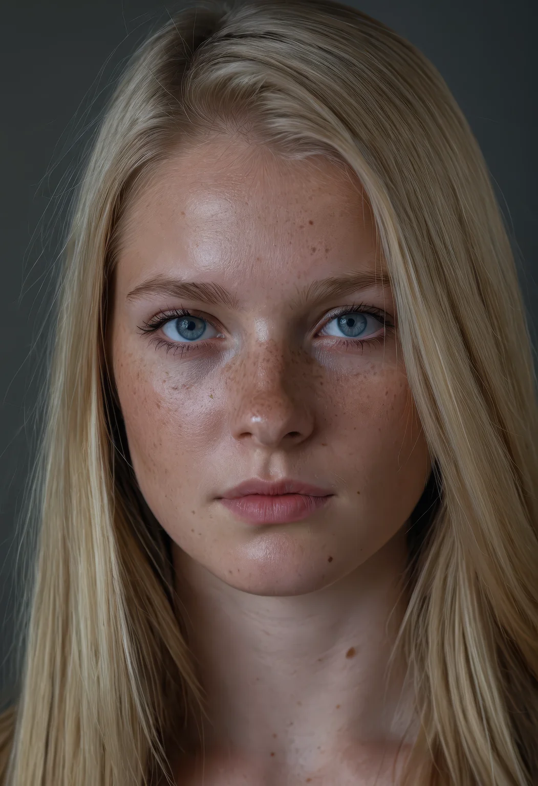 photo portrait of a 21-year-old Dutch woman, defiant and pensive expression, long dark straight blonde hair, blue eyes, natural freckles, detailed facial features, realistic skin texture, sharp focus, cinematic lighting, hyperrealistic, photorealistic, ultra-detailed, professional portrait photography, immersive emotional atmosphere