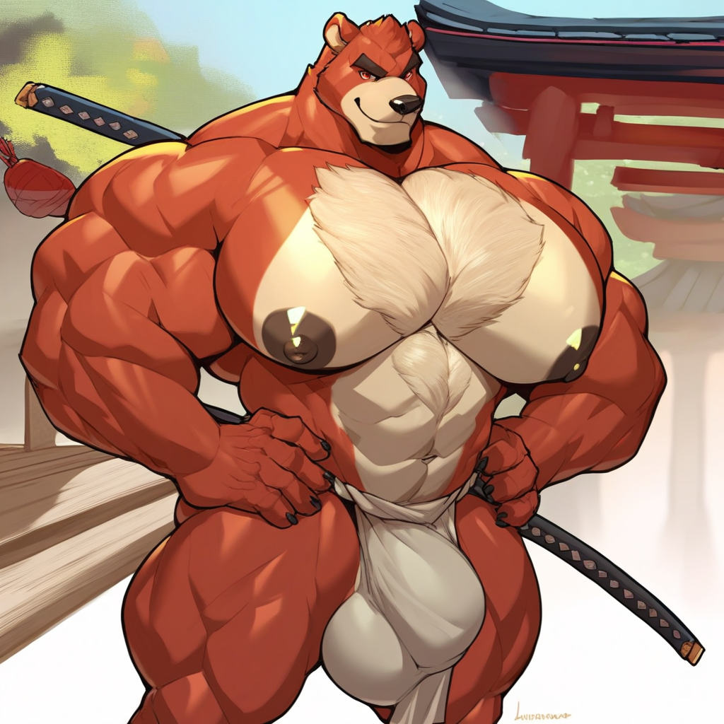 score_9, score_8_up, score_7_up, score_6_up, score_5_up, score_4_up, source_furry, Marlon.cores, gay, bara, muscular, muscular male, solo, 1boy, red body, eyes open, red eyes, smirking, hands on hips, bear, clothed, japanese clothing, red kimono, weapon, katana in sheath, weapon on left hip, chest exposed, open kimono, loincloth, pelvic curtain, large bulge, view from the front large pectorals, massive pecs, massive nipples, male focus, standing, japanese shrine background, very high quality