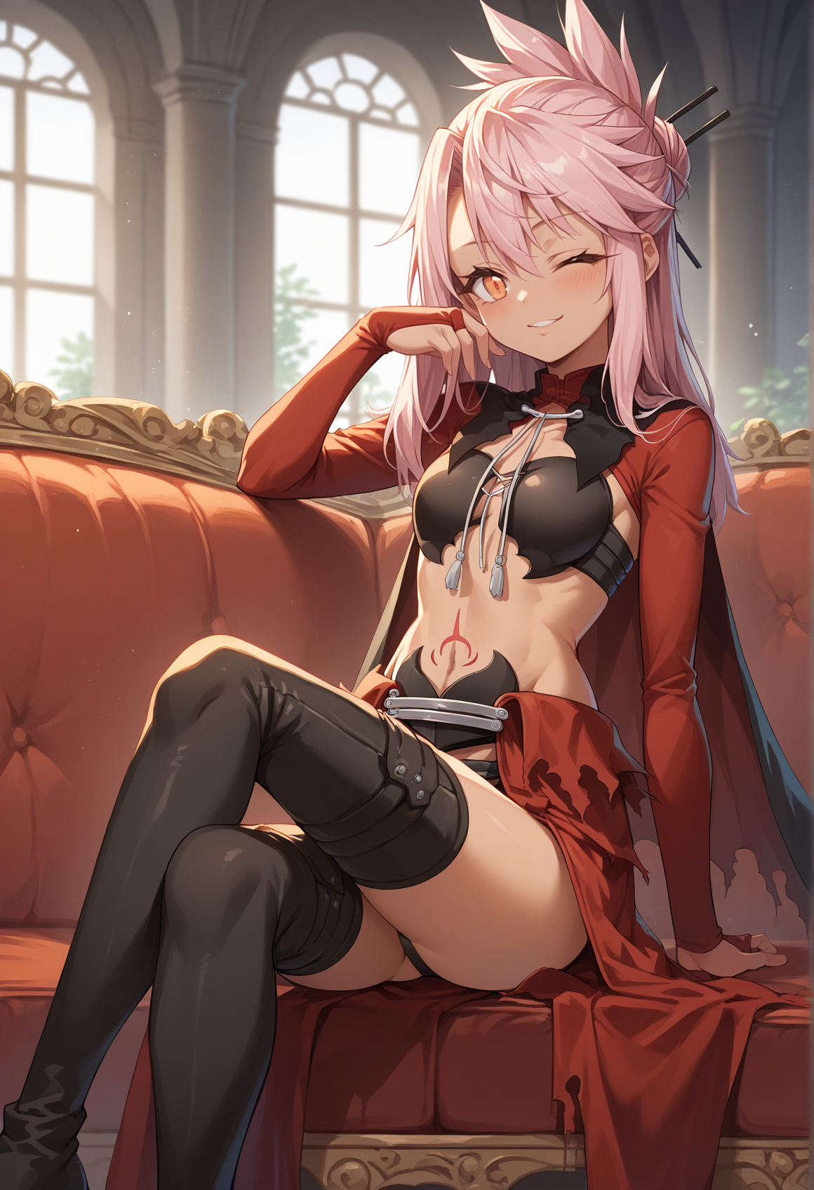 1girl, dark skin, pink hair, orange eyes, medium hair, single hair bun, topknot, stomach tattoo, long sleeves, red long sleeves, red cape, waist cape, chaps, side-tie panties, boots, sitting, couch, indoors, mansion, wink <lora:Kuro_pony_v2:1>, score_9, score_8_up, score_7_up, score_6_up, score_5_up, score_4_up, BREAK source_anime, masterpiece
