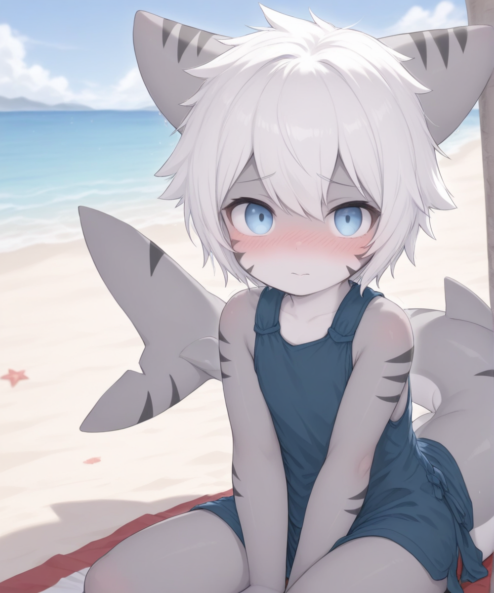 best quality, masterpiece, high detail, <lora:Shark_Changedv2:1> Shark_Changedv2, 1boy, big tail, short white hair, medium build, detailed eyes, shy, thoughtful face, looks at the viewer, with the beach in the background, cute sitting