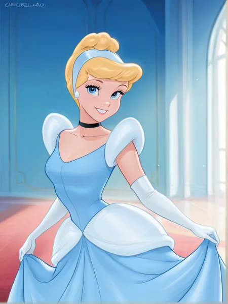 masterpiece, best quality, amazing quality, very aesthetic, absurdres, newest, detailed background, indoors, dynamic angle, 4k, 8k,
cinderellaxd, 1girl, solo, dress, gloves, elbow gloves, blue dress, white gloves, skirt hold, choker, smile, hairband, blonde hair, short hair, looking at viewer
<lora:Cinderella_-_Disney_Illustrious-000009:1>
