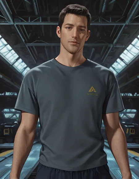 masterpiece, best quality, absurdres, newest, perfect quality, best quality, absolutely eye-catching, detailed background, intricate details, male focus, solo, realistic, <lora:Final Fantasy Spirits Within - Gray Edwards - Illustrious_1-000011:0.7>, g_edwards, 1boy, mature male, black hair, very short hair, brown eyes, stubble, grey t-shirt, dark blue pants, hangar, looking at viewer, upper body