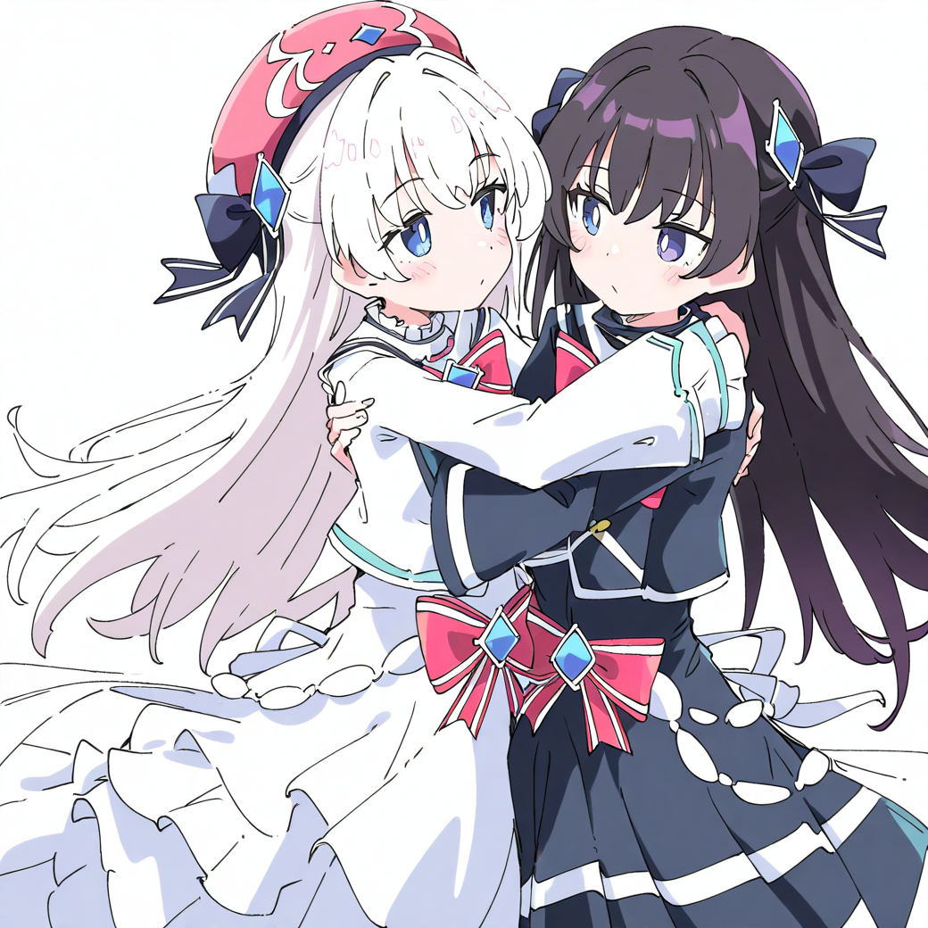 2girls,simple background,white background,hug,looking at another,
BREAK tairitsu,<lora:tairitsu-000016:0.9>,1girl,(black skirt:1.2),black hair,no hat,black dress,hair bow,
BREAK <lora:xikali>,xikali,1girl,white hair,white dress,, masterpiece, best quality, very aesthetic, absurdres,newest, incredibly absurdres,, (Ixy:0.6)),(hiten \(hitenkei\):0.7),