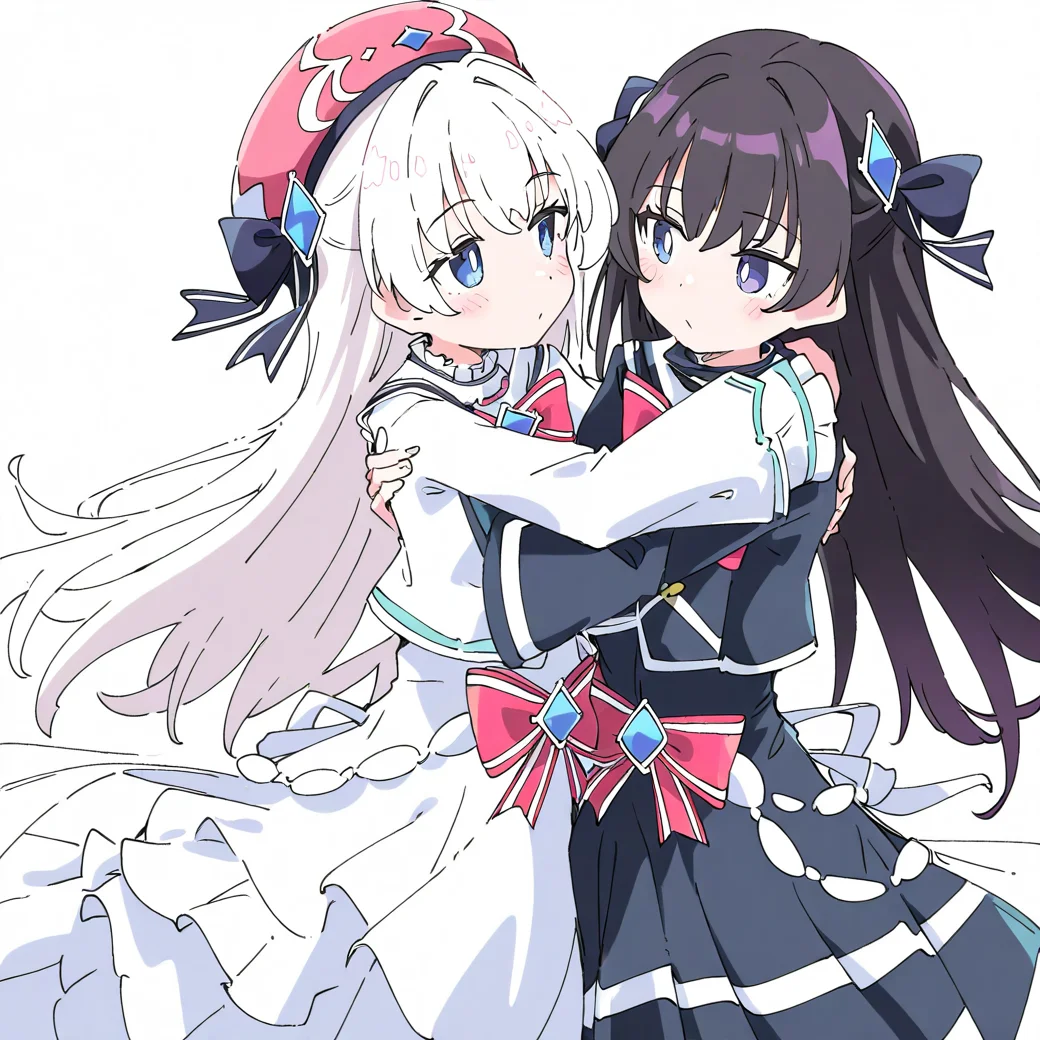 2girls,simple background,white background,hug,looking at another,
BREAK tairitsu,<lora:tairitsu-000016:0.9>,1girl,(black skirt:1.2),black hair,no hat,black dress,hair bow,
BREAK <lora:xikali>,xikali,1girl,white hair,white dress,, masterpiece, best quality, very aesthetic, absurdres,newest, incredibly absurdres,, (Ixy:0.6)),(hiten \(hitenkei\):0.7),