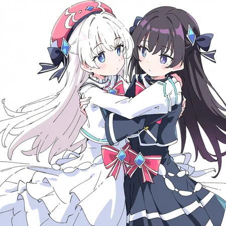 2girls,simple background,white background,hug,looking at another,
BREAK tairitsu,<lora:tairitsu-000016:0.9>,1girl,(black skirt:1.2),black hair,no hat,black dress,hair bow,
BREAK <lora:xikali>,xikali,1girl,white hair,white dress,, masterpiece, best quality, very aesthetic, absurdres,newest, incredibly absurdres,, (Ixy:0.6)),(hiten \(hitenkei\):0.7),