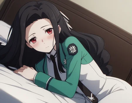 score_9, score_8_up, score_7_up, source_anime,
mayumisaegusa, <lora:mayumi-saegusa-s2-ponyxl-lora-nochekaiser:1>,
mayumi saegusa, long hair, black hair, red eyes, ribbon, hair ribbon,
long sleeves, dress, school uniform, pantyhose, necktie, white dress, black necktie,
indoors, bed, bed room, on side, blush, drunk,
solo, dutch angle, looking at viewer, cowboy shot,