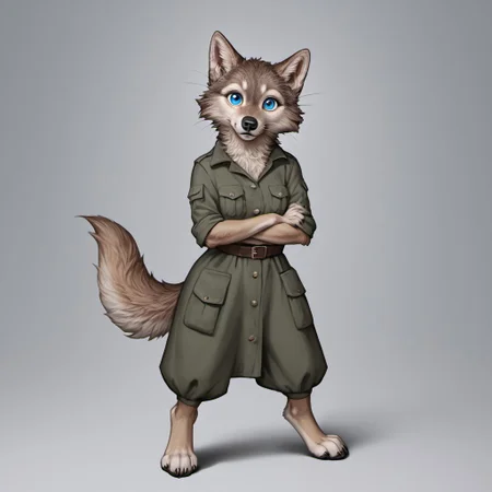 score_9, score_8_up, score_7_up, source_furry, detailed face, detailed eyes, incredible detail BREAK 1girl, solo, anthro, wide shot (furry female, wolf, light brown fur, monotone fur, light blue eyes,slightly wide hips, small breasts), black nose, whiskers, ear flop, solo, looking at viewer, FurryDalle, cartoon, toony, full body, hunter outfit, archer outfit, shy pose