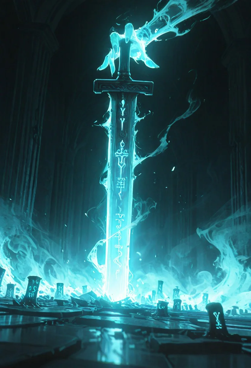 dynamic angle, unusual angle, dynamic, dynamic composition, single sword, runic engraving, runes, sould of the damned,
In the dim, flickering light, a shadowy figure emerges, its presence cloaked in an air of mystery. Slowly, it reaches out toward the hilt of the shattered runic sword, its movements deliberate yet hesitant. The ancient engravings on the hilt begin to pulse faintly, glowing like a dying ember, their light casting eerie shadows across the figure’s outstretched hand. The closer it gets, the air grows colder, heavy with an otherworldly presence. From the jagged break in the blade, spectral wisps begin to unfurl, curling and twisting like smoke, their forms coalescing into ghostly faces etched with agony. Whispers fill the air—soft at first, but rising into a cacophony of tormented wails. The figure’s hand trembles as its fingers hover just above the hilt, as though sensing the weight of the cursed power it is about to claim. Finally, with a sharp intake of breath, the hand closes around the sword. The runes ignite with a blinding light, and the escaping souls recoil, writhing in both fear and fury.