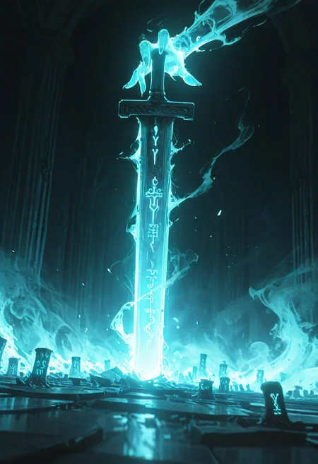 dynamic angle, unusual angle, dynamic, dynamic composition, single sword, runic engraving, runes, sould of the damned,
In the dim, flickering light, a shadowy figure emerges, its presence cloaked in an air of mystery. Slowly, it reaches out toward the hilt of the shattered runic sword, its movements deliberate yet hesitant. The ancient engravings on the hilt begin to pulse faintly, glowing like a dying ember, their light casting eerie shadows across the figure’s outstretched hand. The closer it gets, the air grows colder, heavy with an otherworldly presence. From the jagged break in the blade, spectral wisps begin to unfurl, curling and twisting like smoke, their forms coalescing into ghostly faces etched with agony. Whispers fill the air—soft at first, but rising into a cacophony of tormented wails. The figure’s hand trembles as its fingers hover just above the hilt, as though sensing the weight of the cursed power it is about to claim. Finally, with a sharp intake of breath, the hand closes around the sword. The runes ignite with a blinding light, and the escaping souls recoil, writhing in both fear and fury.