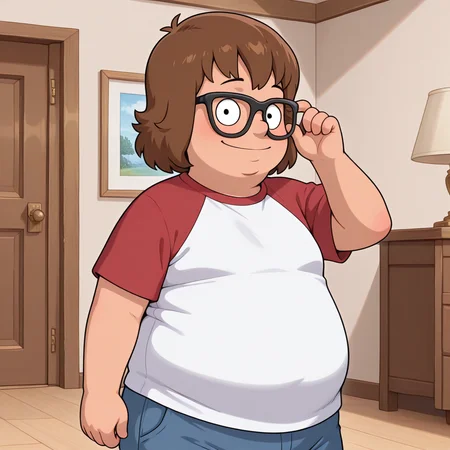 masterpiece, amazing quality, colorful, indoors, <lora:alex-v4-07:0.9> (bb-alex), 1boy, plump, (aged_down), light smile, adjusting eyewear, cowboy shot, dynamic pose, three quarter profile, looking at viewer, white t-shirt, red raglan_sleeves, short sleeves,