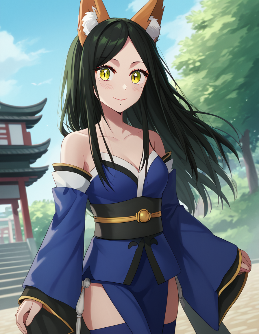 score_9, score_8_up, score_7_up, source_anime, <lora:frill-shiranui-s1s2-ponyxl-lora-nochekaiser:1>, frill shiranui, long hair, bangs, black hair, green eyes, yellow eyes, green hair, mole, mole under eye, mole under mouth, medium breasts,, <lora:tamamo-no-mae-cosplay-ponyxl-lora-nochekaiser:1>, tamamonomaecosplay, tamamo no mae (cosplay), animal ears, bare shoulders, blue kimono, blue thighhighs, detached sleeves, fox ears, fox tail, japanese clothes, kimono, obi, sash, collarbone, thighhighs, wide sleeves,, shrine, smile, blush, , cowboy shot, dutch angle,