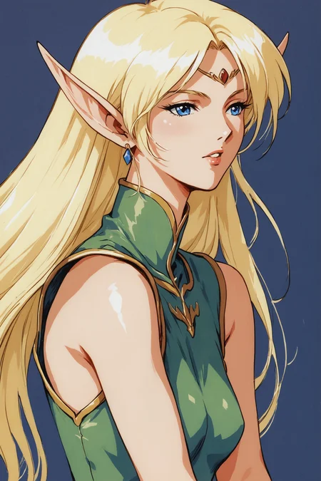 Deedlit,1girl,solo,pointy ears,blonde hair,long hair,elf,blue eyes,white background,simple background,upper body,jewelry,earrings,sleeveless,circlet,breasts,bare shoulders,dress,parted lips,green dress,bangs,sleeveless dress,parted bangs,small breasts,retro artstyle,traditional media,score_9,score_8_up,<lora:Yutaka Izubuchi_XL_PONY:0.8>,