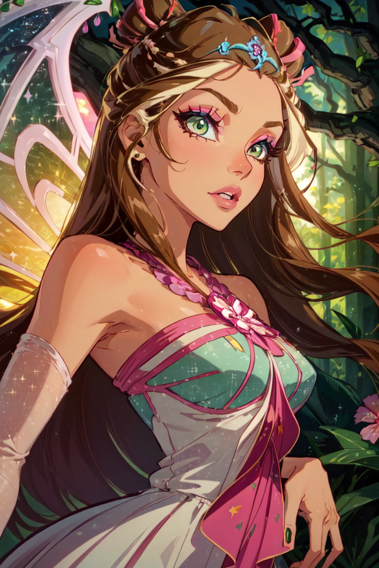 (Flora:1.5), dress, wings, sparkling clothing, brown hair, green eyes, long hair, forest background, pink flowers, soft lighting, (realistic:1.2), (masterpiece:1.2), (full-body-shot:1),(Cowboy-shot:1.2), neon lighting, dark romantic lighting, (highly detailed:1.2),(detailed face:1.2), (gradients), colorful, detailed eyes,, (natural lighting:1.2), solo  <lora:WinxClubEnchantixFlora-10:0.9> <lora:add_detail:0.3> <lora:BeautifulEyes:0.6>