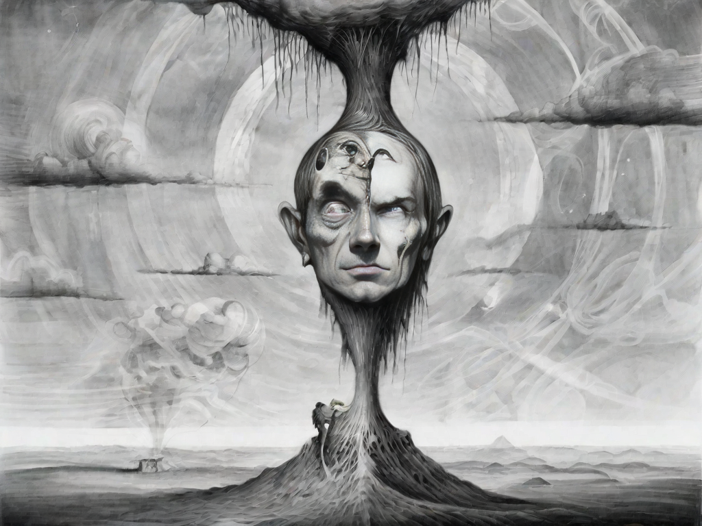 <lora:sur-mono_XL:1>, sur-mono_XL, monochrome, line sketch, surrealistic, in the style of Brett Manning