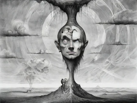 <lora:sur-mono_XL:1>, sur-mono_XL, monochrome, line sketch, surrealistic, in the style of Brett Manning