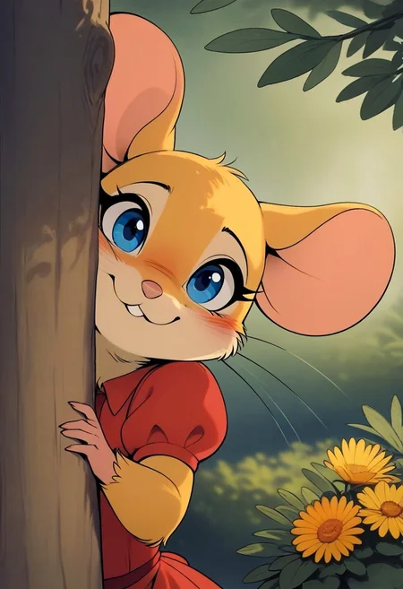 score_9, score_8_up, score_7_up, score_6_up, score_5_up, score_4_up,
[][][][][]
(((mouse))), (feral), furry, female, solo, (fluffy:0.8), (fluffy cheeks:0.4), cute, 
[][][][][]
(red dress), yellow fur, yellow ears, blue eyes, 
[][][][][]
flat color, in the style of Beatrix Potter, peeking out upper body
[][][][][]
cel-shading, backlit, (warm color pallet), (upper body portrait, head focus, close up:1.6), (side view), look at viewer, detailed fur,
[][][][][]
outdoors, behind tree, head peeking out, blush,