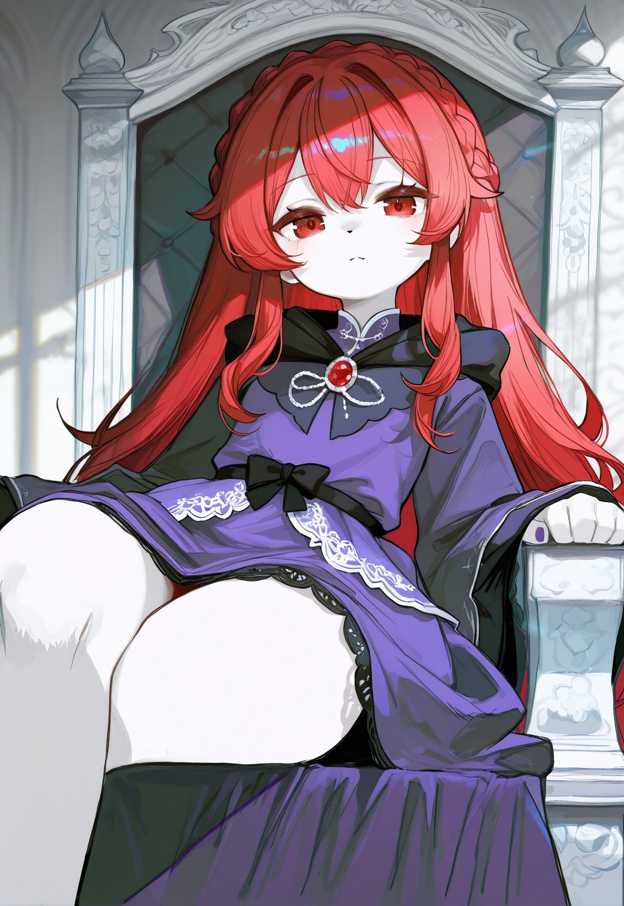 masterpiece, best quality, amazing quality, very aesthetic, absurdres, newest, cvle01, CHOo1NE_illu, nistyle,
BREAK,
1girl, solo, flowing red hair, princess crown braid, pale skin, ornate purple gown, furry lined clothing, scintillating jewel clothes, sitting, legs crossed, leaning back, relaxed, sloppy posture, mouth open, looking at viewer, slight frown,
BREAK, royal background, black and white throne room, throne, daylight, rays of light, two-tone background, clean lines, cold color theme, depth of field, detailed background, highly detailed, evocative composition
