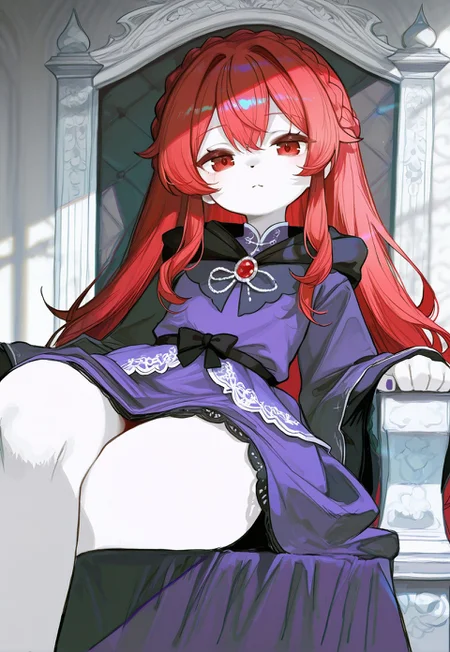 masterpiece, best quality, amazing quality, very aesthetic, absurdres, newest, cvle01, CHOo1NE_illu, nistyle,
BREAK,
1girl, solo, flowing red hair, princess crown braid, pale skin, ornate purple gown, furry lined clothing, scintillating jewel clothes, sitting, legs crossed, leaning back, relaxed, sloppy posture, mouth open, looking at viewer, slight frown,
BREAK, royal background, black and white throne room, throne, daylight, rays of light, two-tone background, clean lines, cold color theme, depth of field, detailed background, highly detailed, evocative composition