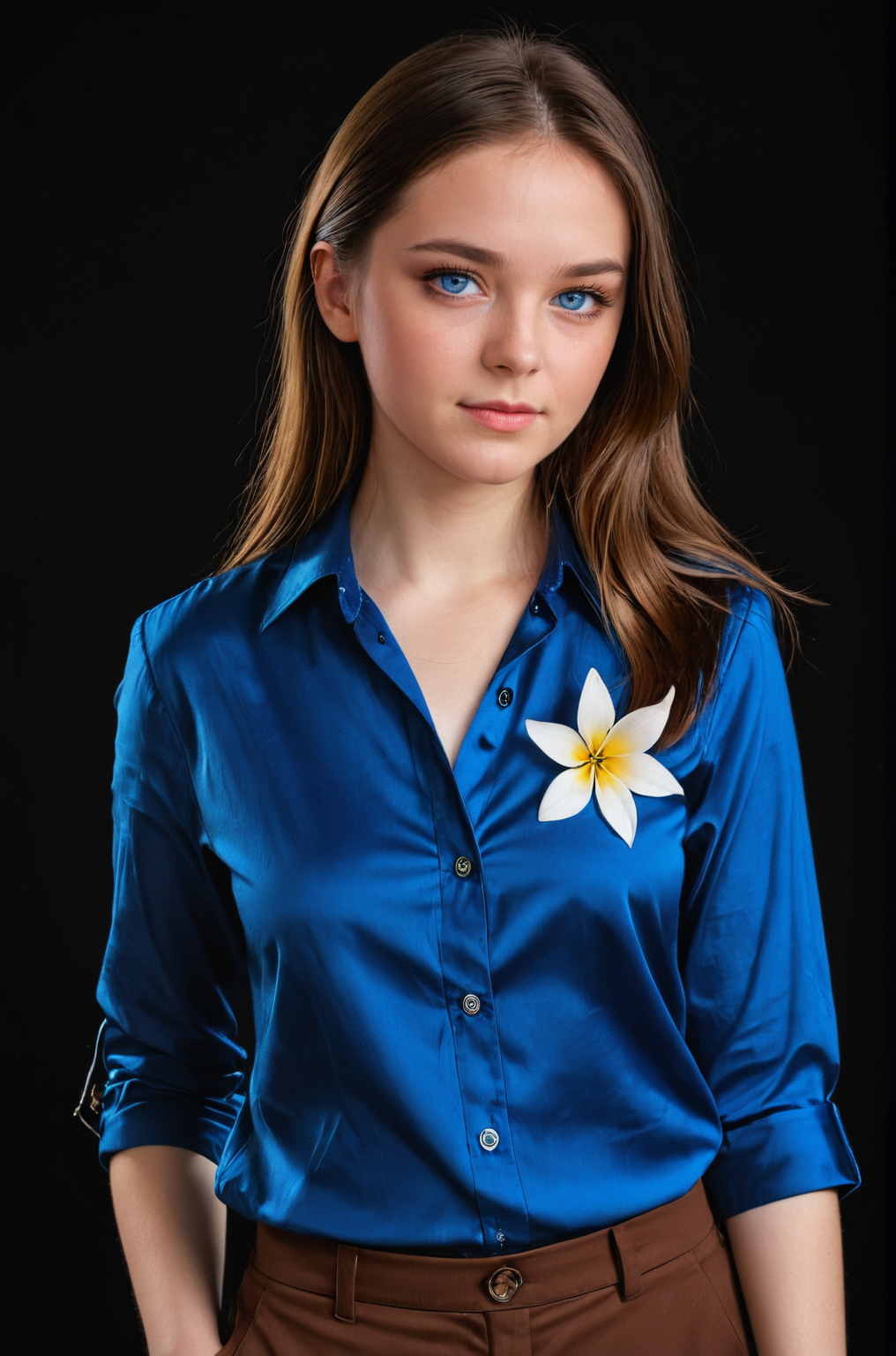 breathtaking 1girl, black background, blue eyes, brown hair, collared shirt, flower, long hair, looking at viewer, pants, realistic,  shirt, solo, upper body<lora:S4ndr4_mm4:0.8> S4ndr4 . award-winning, professional, highly detailed