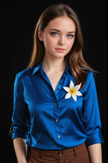 breathtaking 1girl, black background, blue eyes, brown hair, collared shirt, flower, long hair, looking at viewer, pants, realistic, shirt, solo, upper body<lora:S4ndr4_mm4:0.8> S4ndr4 . award-winning, professional, highly detailed