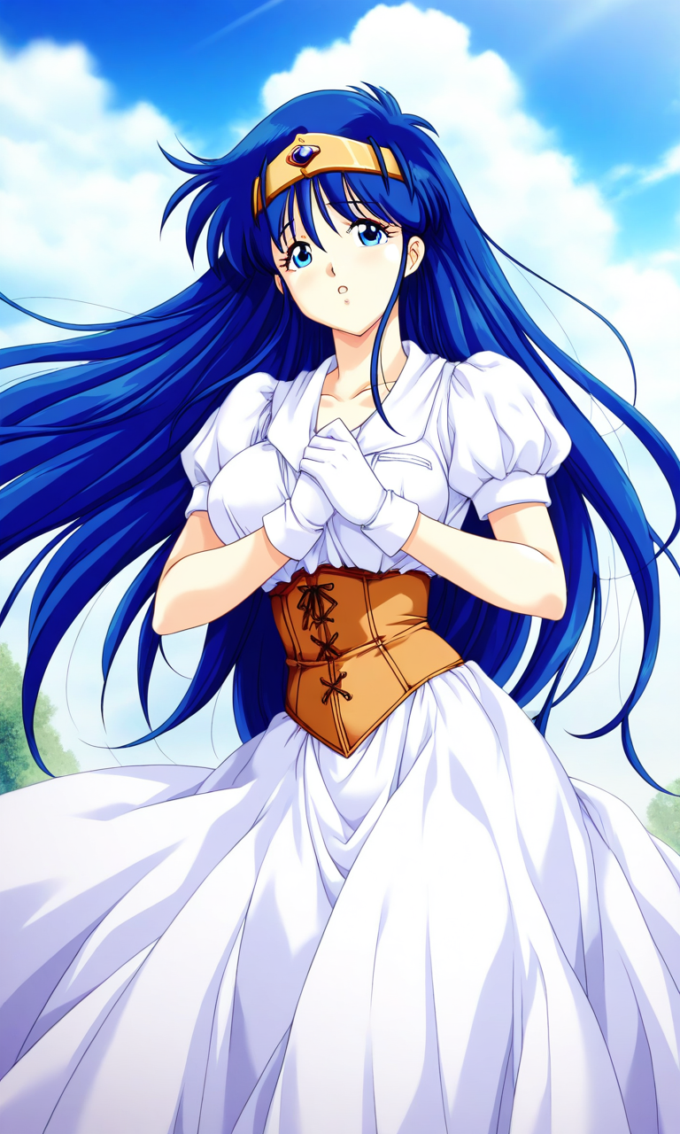 general,highres, ultra-detailed,very aesthetic,best quality ,best hands, BREAK <lora:Irene_La_Tias_XEXEX_IS:0.8> 2000s (style), 
Irene_La_Tias(XEXEX), 1girl, solo, very long hair, blue hair, blue eyes, tiara, large breasts, circlet, bangs,
white dress, white gloves, brown corset,
blue sky, game cg style,