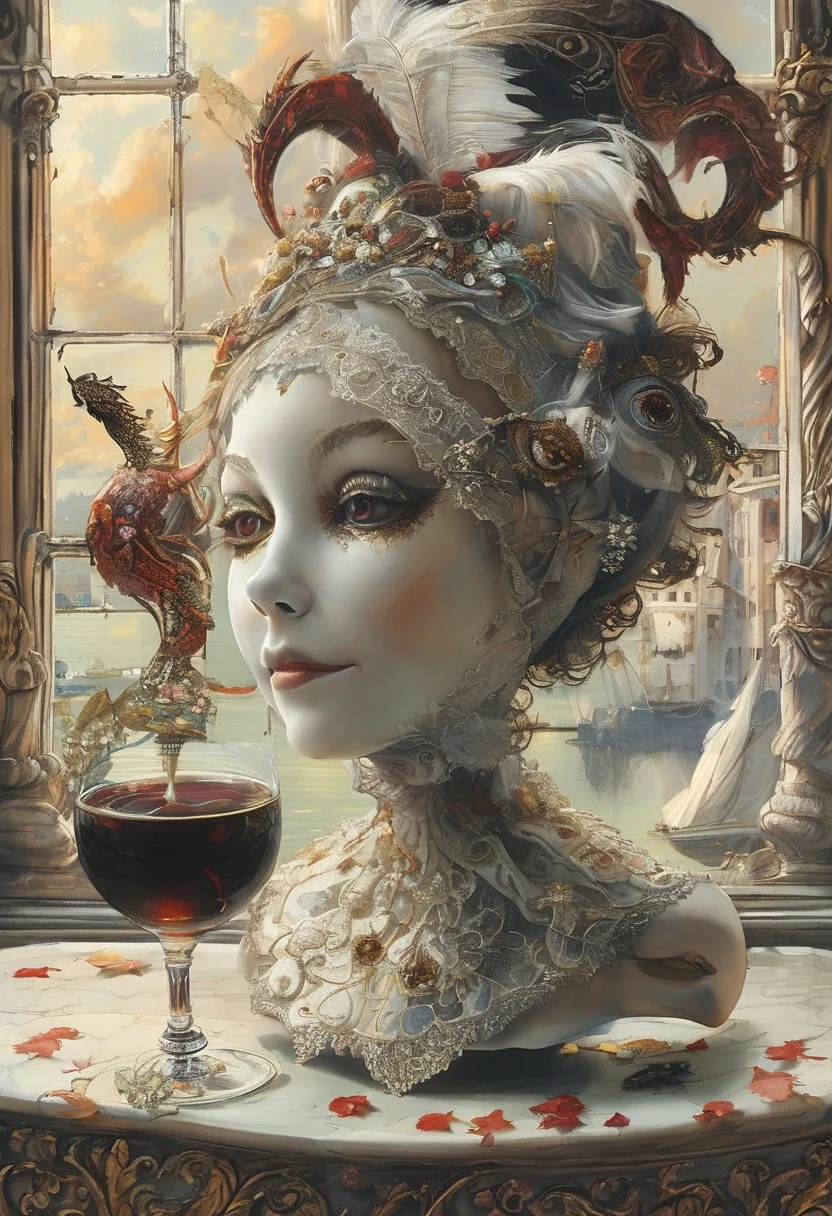 A still life in the style of 17th-century Dutch masters: Venetian mask with gilt edges and velvet texture, antique brass hourglass, crystal goblet filled with red wine, grapes with dewdrops. Dramatic Rembrandt-style lighting from a side window casting deep shadows. Through the window: a fantasy landscape — medieval castle with floating bridges and stained-glass towers, Baroque clouds (voluminous, illuminated by golden light), and a majestic dragon with iridescent scales soaring across the sky. Details: dust motes in light beams, cracked plaster walls, dragon's reflection in the goblet. Technique: oil painting with glazing layers, chiaroscuro contrast, hyperrealistic textures of aged wood and polished crystal.