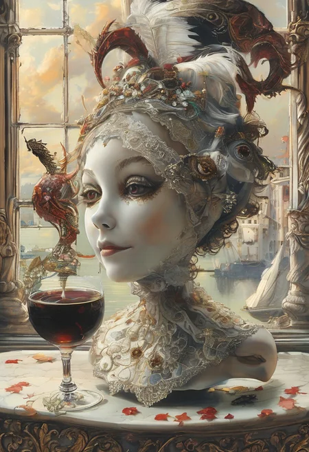 A still life in the style of 17th-century Dutch masters: Venetian mask with gilt edges and velvet texture, antique brass hourglass, crystal goblet filled with red wine, grapes with dewdrops. Dramatic Rembrandt-style lighting from a side window casting deep shadows. Through the window: a fantasy landscape — medieval castle with floating bridges and stained-glass towers, Baroque clouds (voluminous, illuminated by golden light), and a majestic dragon with iridescent scales soaring across the sky. Details: dust motes in light beams, cracked plaster walls, dragon's reflection in the goblet. Technique: oil painting with glazing layers, chiaroscuro contrast, hyperrealistic textures of aged wood and polished crystal.