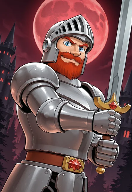 SirArthur, red hair, beard, mustache, blue eyes, armor, helmet, pauldrons, looking at viewer, smile, upper body, gauntlets, belt, (holding a sword), dynamic pose, night, dark forest, red moon, castle in the background, dutch angle, detailed background,
