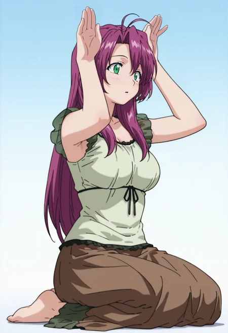masterpiece, best quality, amazing quality, anime coloring, anime screencap, solo, 1girl, <lora:DX888HatsuhoIL:1>kazami hatsuho, purple hair, green eyes, long hair, green shirt, sleevelees shirt, brown skirt, long skirt BREAK ( simple background:1.3), blue background gradient background, BREAK seiza, rabbit pose,