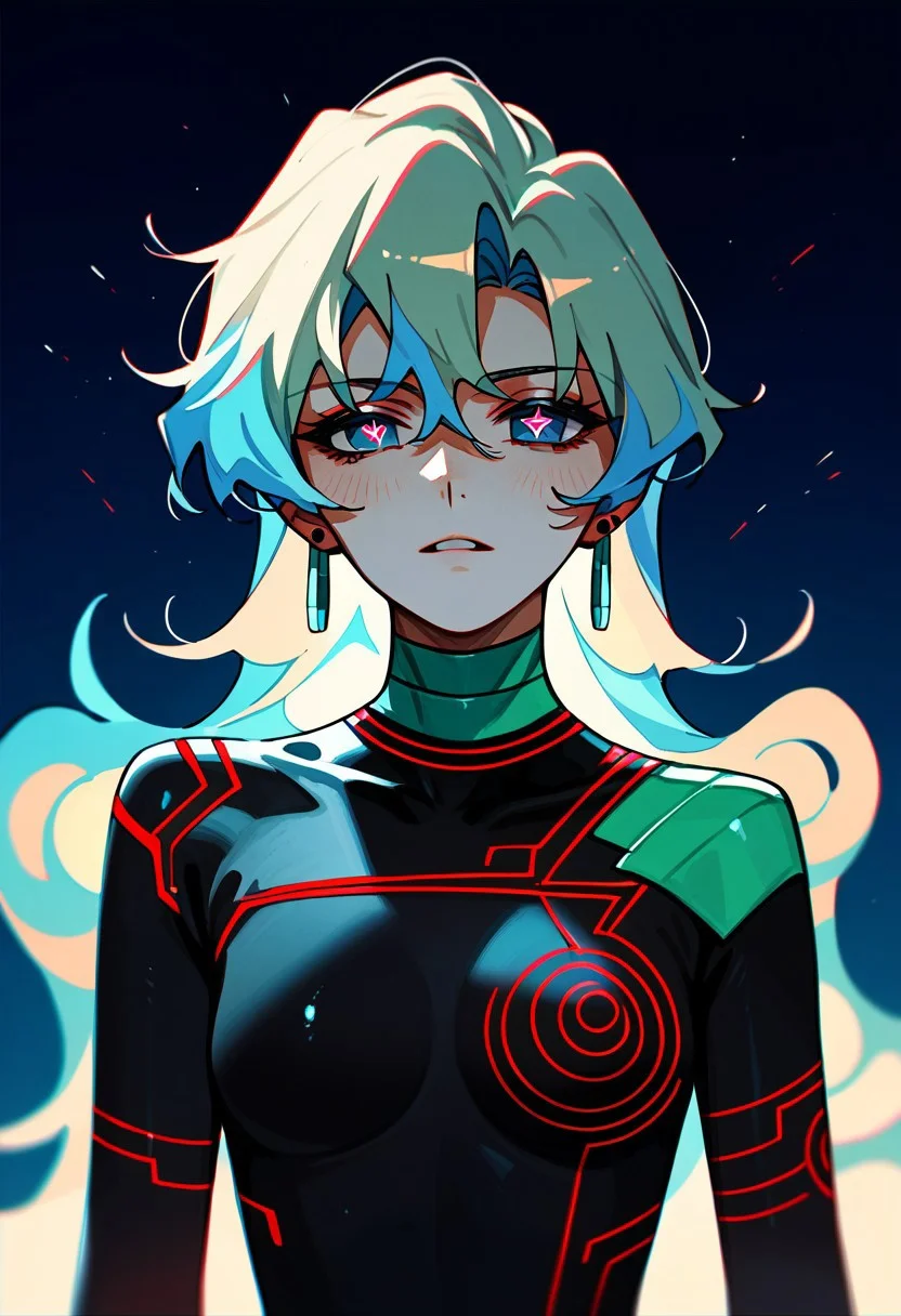 score_9,score_8_up,score_7_up,source_anime, Nia Teppelin (Antispiral),1girl,jewelry,half body,earrings,symbol-shaped pupils,bodysuit,black bodysuit,cross-shaped pupils,neon trim,