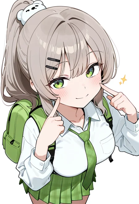 masterpiece, best quality, amazing quality, 1girl, [wagashi \(dagashiya\), mx2j], hotate-chan, (yd \(orange maru\):0.7), (sincos:0.6), brown hair, grey hair, long hair, high ponytail, black hairclip, bear hear ornament, bangs, green eyes, white shirt, collared shirt, long sleeves, green collar, green necktie, green skirt, backpack, green bag, bear bag, pleated skirt, plaid skirt, simple background, white background, from above, cowboy shot, medium breasts, looking at viewer, smile, fingers to cheeks