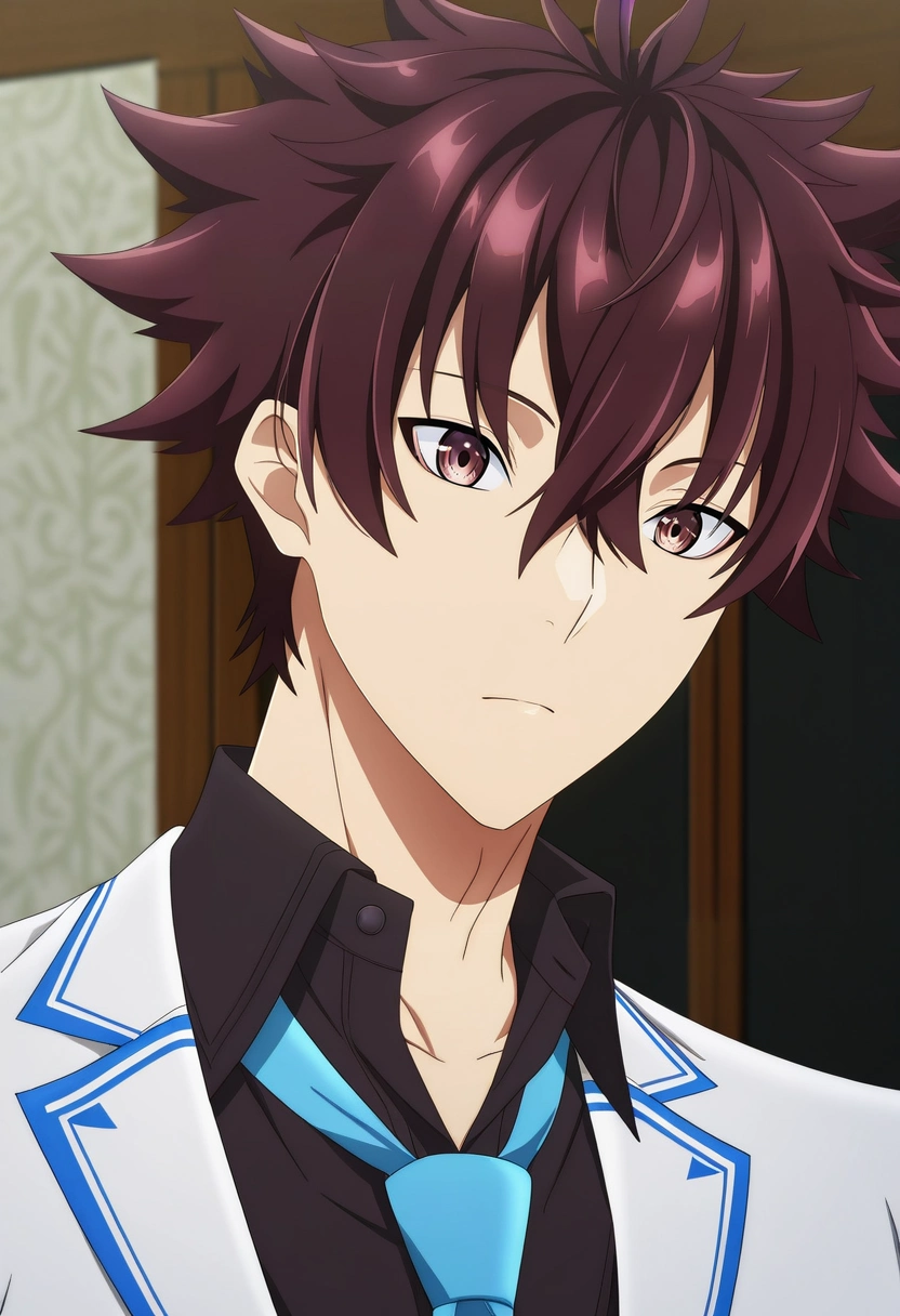 masterpiece, best quality, intricate details, anime screencap, anime coloring, official style,, 1boy, solo, male focus, <lora:yuuya_tenjou_ilxl:1>, yuuya_tenjou, brown hair, brown eyes, short hair, hair between eyes, spiked hair, bangs, white jacket, blue necktie, black shirt, collared shirt,