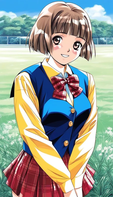 score_9, score_8_up, score_7_up, source_anime, rating_explicit, BREAK <lora:Tsuzuki_Kozue_XL:1>Tsuzuki_Kozue, brown hair, short hair, brown eyes, blunt bangs, medium breasts,
1girl, solo, skirt, plaid, long sleeves, 1990s (style), smile, plaid skirt, bow, 
school uniform, blue vest, looking at viewer, long sleeve, Yellow sleeve,
pleated skirt,  bowtie, shirt, red skirt, v arms,
 plaid bow, bob cut, plaid bowtie, cowboy shot,
grass, sky,